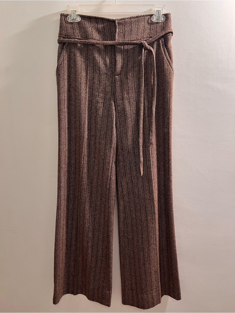 Zara Brown Herringbone Wide-Leg Belted Pants